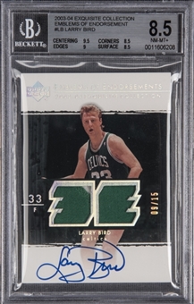 2003-04 UD "Exquisite Collection" Emblems of Endorsement #LB Larry Bird Signed Card (#09/15) - BGS NM-MT+ 8.5/BGS 9